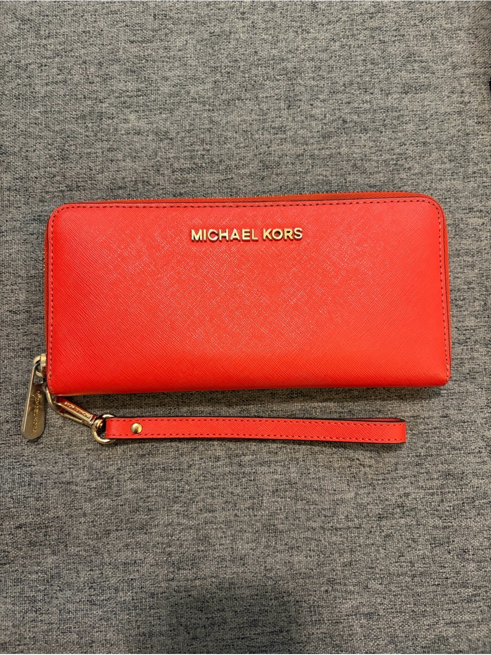 Michael Kors Coral-Red Saffiano Zip Wristlet Wallet